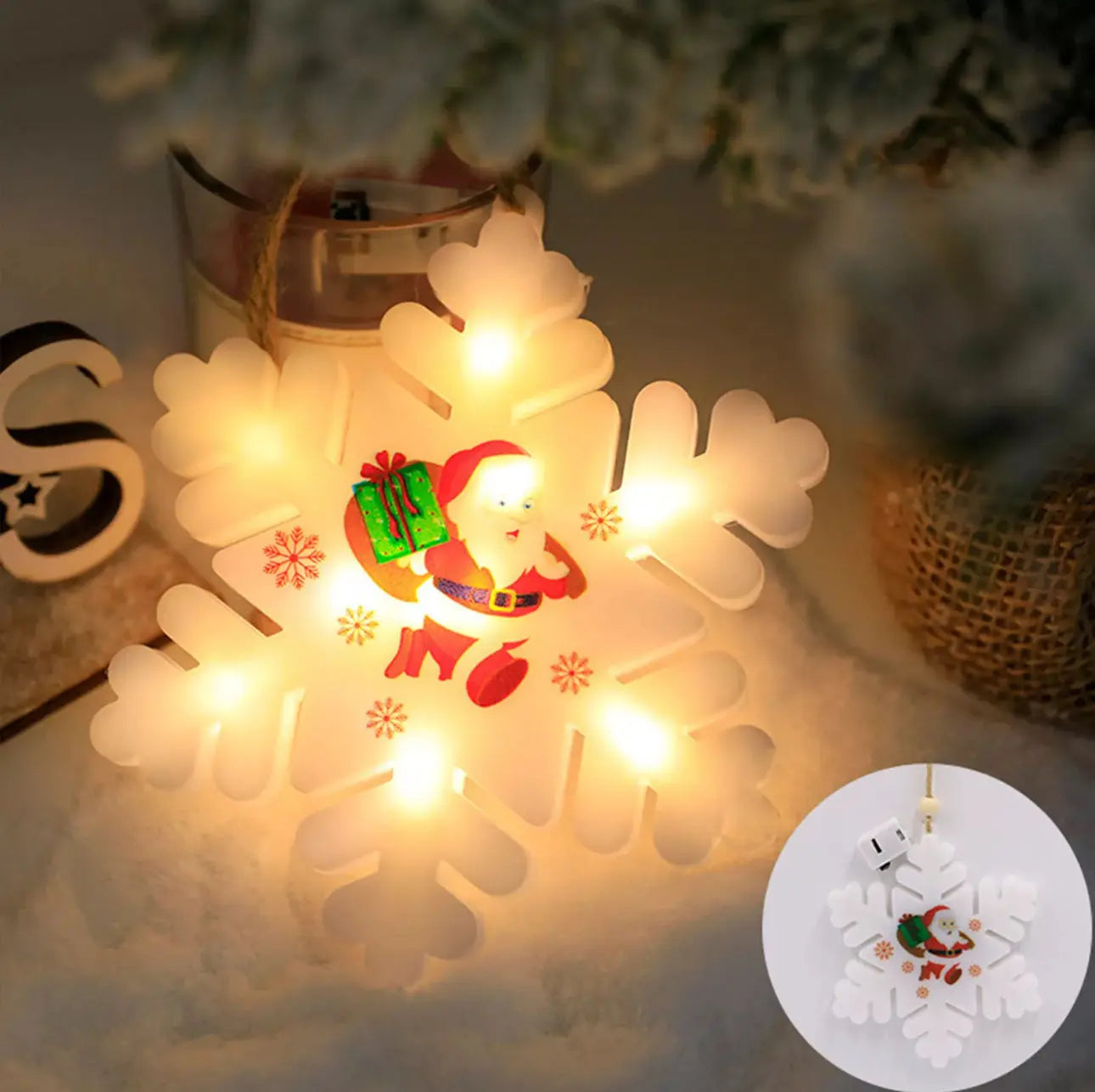1PC Christmas Snowflake Santa LED Hanging Ornament – Battery Powered Christmas Tree Decoration, Santa Claus Snowflake Holiday Décor