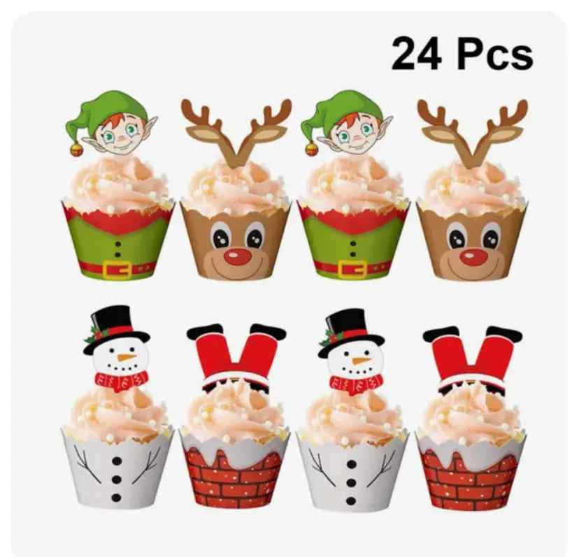 24pcs Christmas Cupcake Toppers Wrappers Party Supplies Favors - Christmas Party Decorations, Santa Claus Snowman Reindeer Christmas Tree Hand Cake Christmas Party Decorations Supplies.