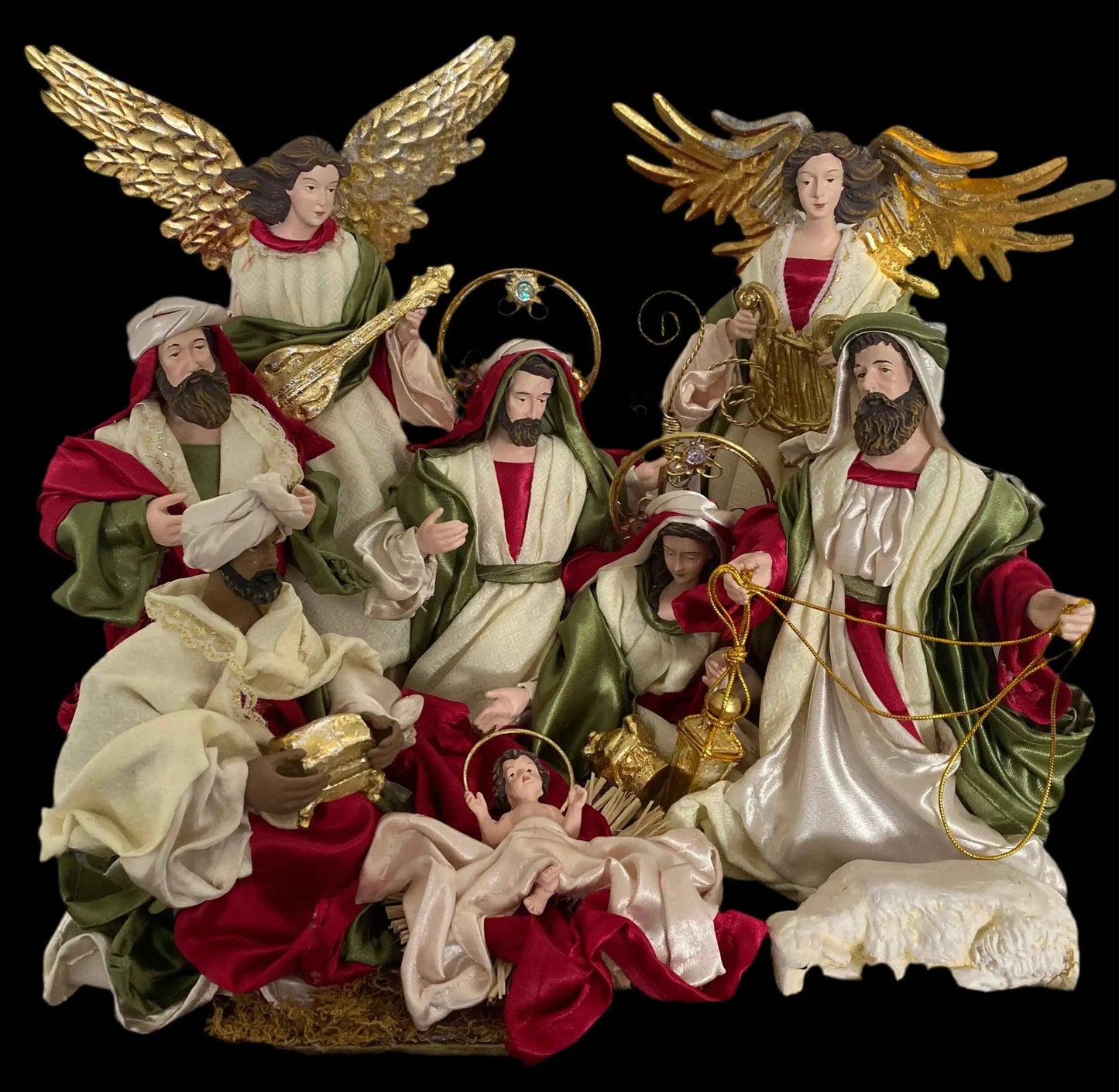12.5’’ Red & White Christmas decor handmade religious nativity  Scene with Angels and Manger - 51 cm
