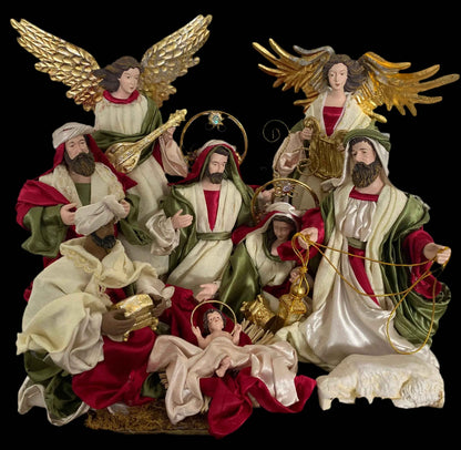 12.5’’ Red & White Christmas decor handmade religious nativity  Scene with Angels and Manger - 51 cm