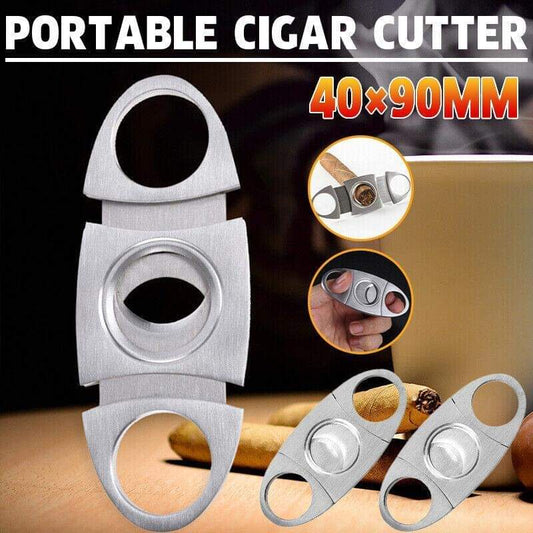 Portable stainless steel cigar cutter with oval grip holes and lever handle