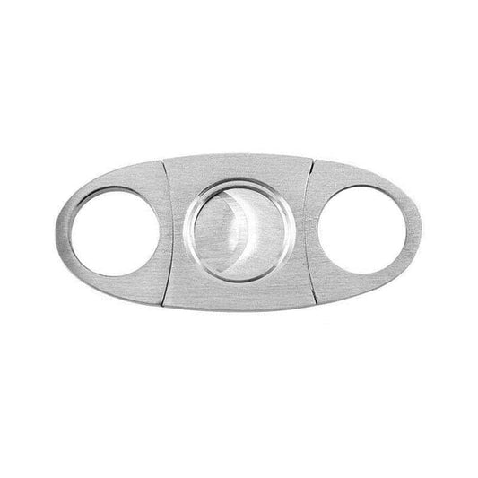 Stainless steel cigar cutter with three oval openings and central circular cutting head