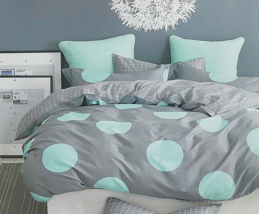 Super king duvet cover set with grey base and mint circle pattern, includes pillowcases