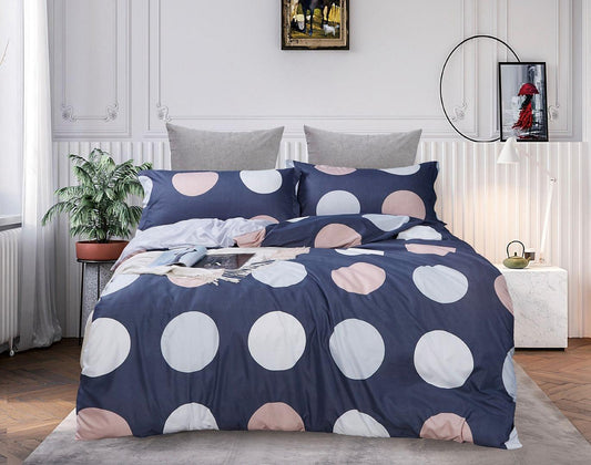 Super king duvet cover set with navy, blush, and white large circle print bedding