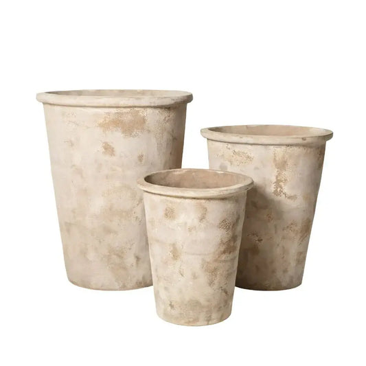 Set of conical planter pots in light speckled stone finish, three sizes