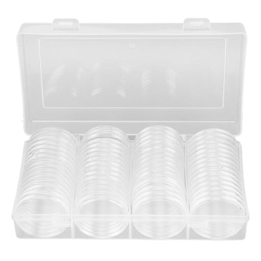 Clear coin capsule storage box with lid and four rows of 41mm capsules
