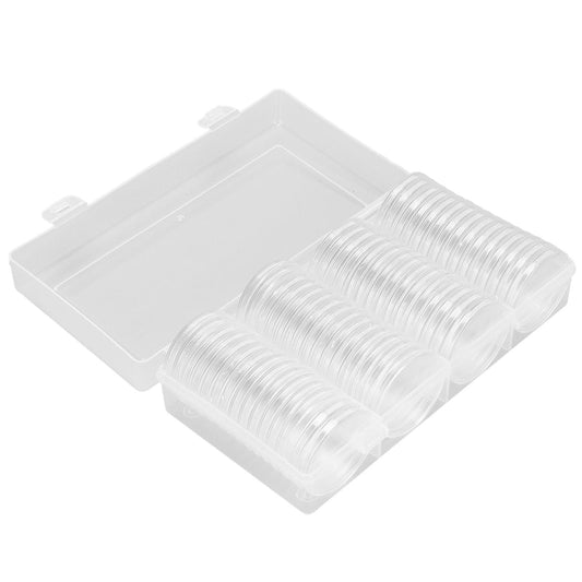 Clear plastic coin capsule storage box with two compartment trays and stacked 41mm caps