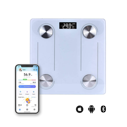 Digital glass bathroom scale with LCD display and four round metal sensor pads