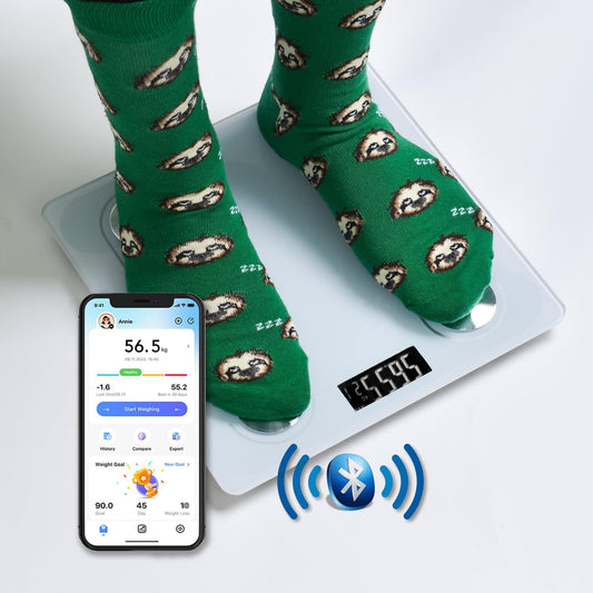 Digital glass bathroom scale with LCD reading and smartphone connection via Bluetooth