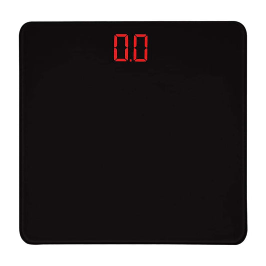 Digital bathroom scale with red 0.0 display on black glass platform