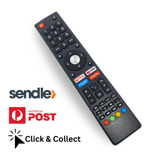 Black TV remote control with backlit buttons, power button, Netflix and colored shortcut keys