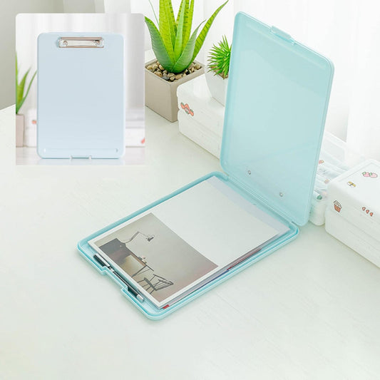Mint blue foldable clipboard with metal clip and open storage compartment for A4