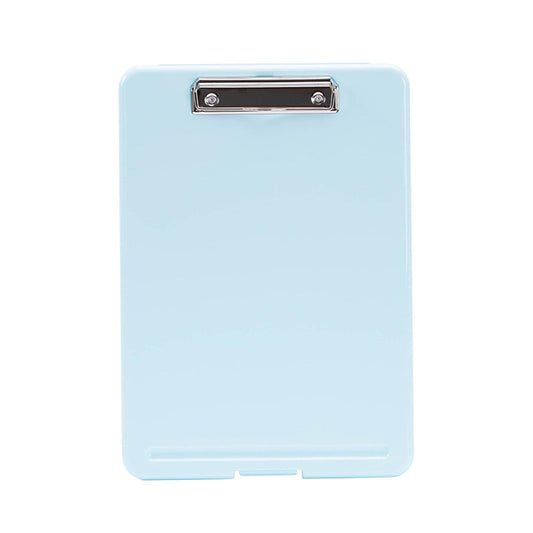 Mint blue plastic clipboard with metal clip, closed storage file folder