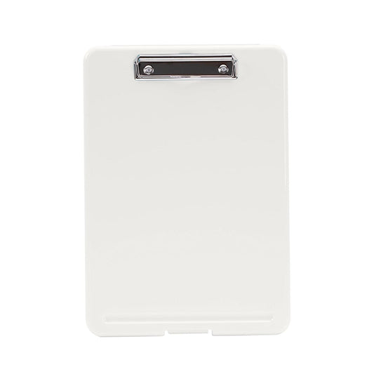 Foldable A4 clipboard with top metal clip and storage cover, light plastic body