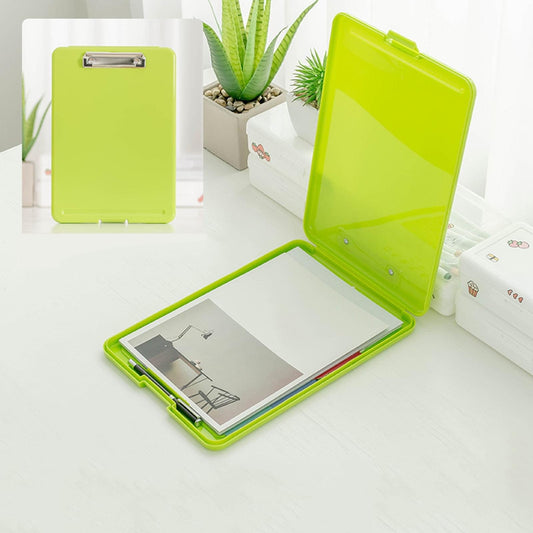Mint green plastic A4 clipboard with foldable storage file box, hinged clip cover open