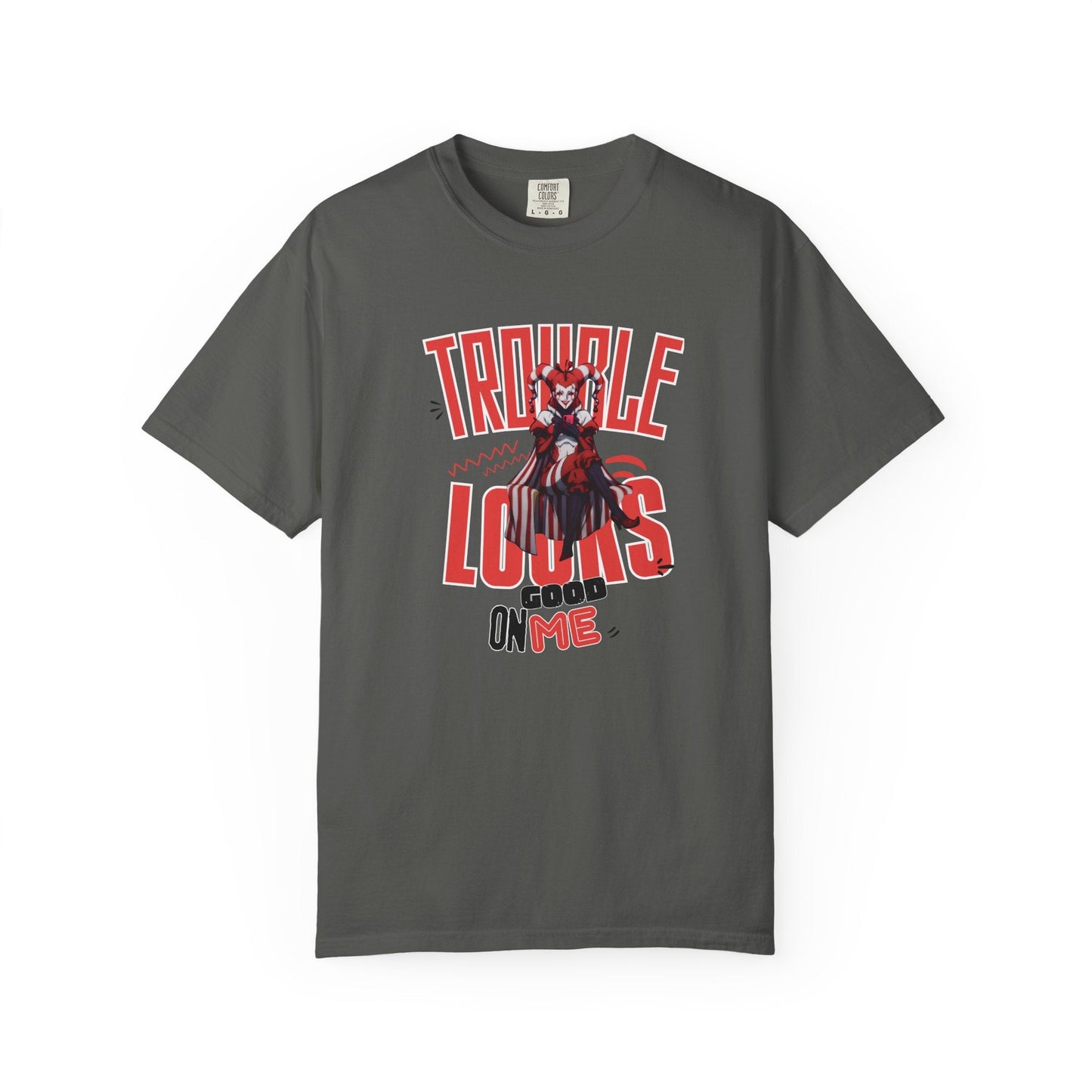 Trouble Looks Good On Me Graphic Tee  Miss Chiff Jester Anime Villain Design  Comfort Colors Unisex