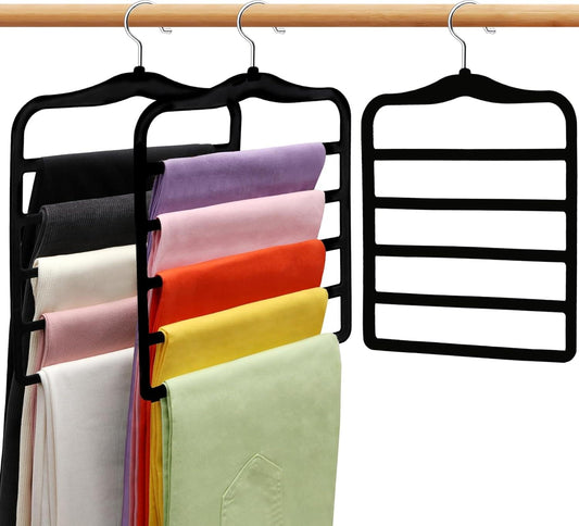 3-pack velvet pants hanger organizer with multi-bar scarf storage, black frame
