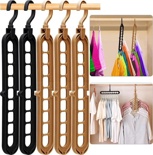 Hanger organizer set with ventilated 9-hole panels, black and tan hooks for closet storage