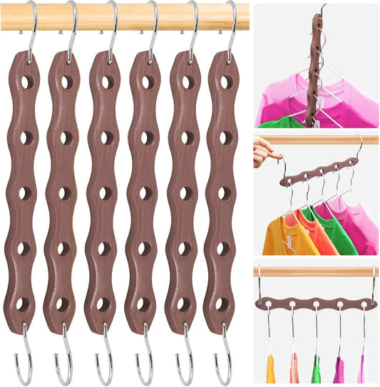 Set of 6 dark brown wooden space-saving hangers with silver metal hooks