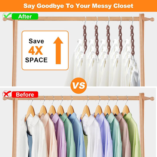 Closet rod with several dark brown wooden hangers holding white garments