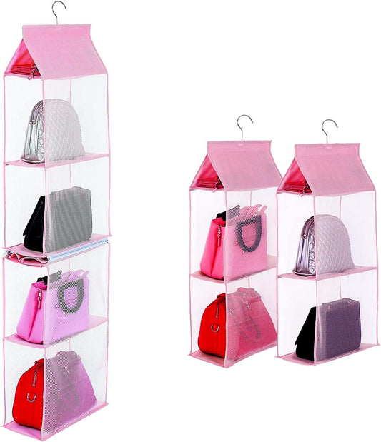 Pink hanging purse organizer with four mesh shelves, shown as single and double