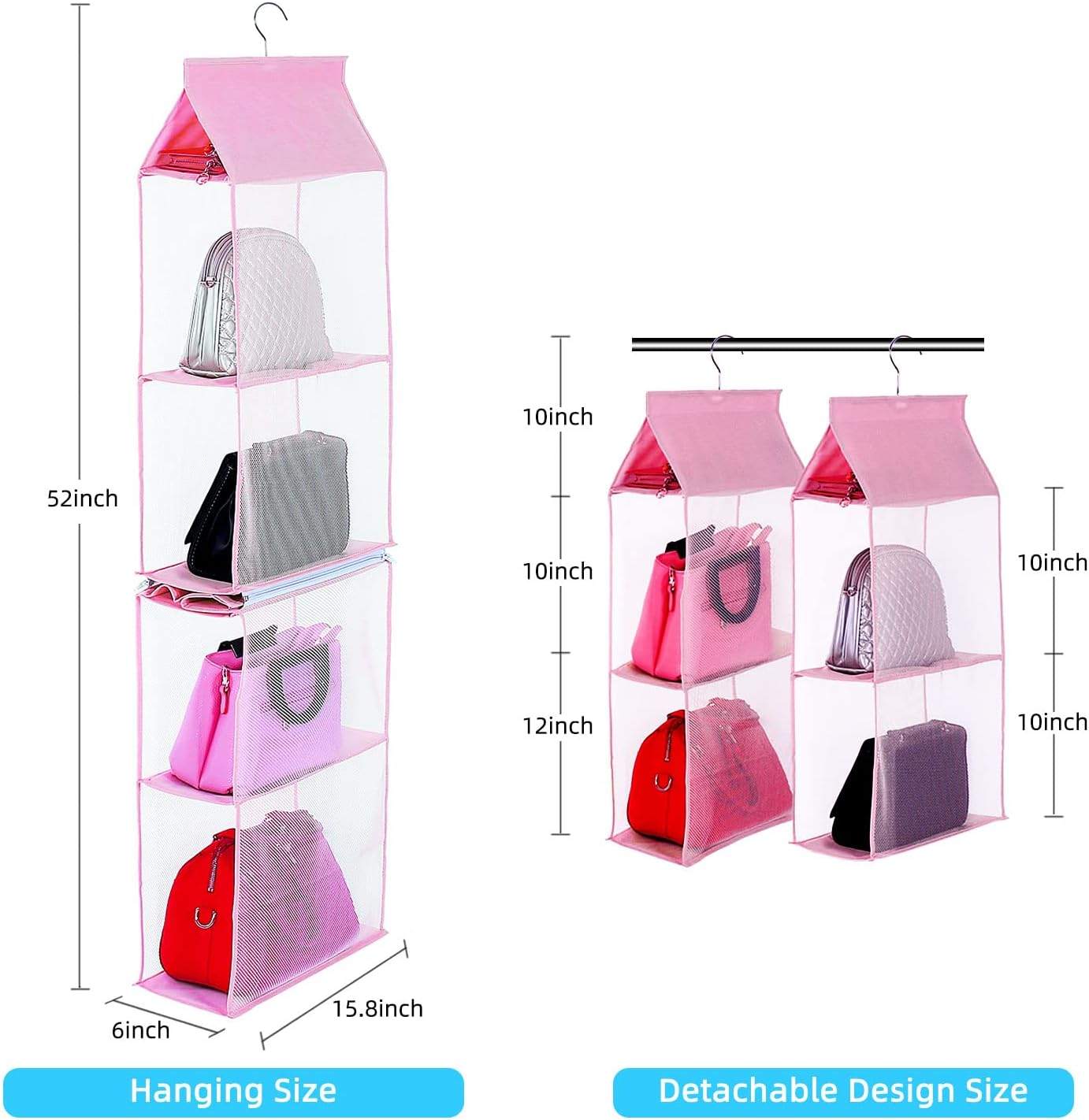 Closet Purse Organizer, Hanging Handbag Organizer with 4 Heavy-Duty Mesh Shelves Closet Purse Storage Bag (Pink)