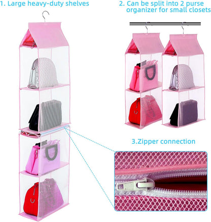 Closet Purse Organizer, Hanging Handbag Organizer with 4 Heavy-Duty Mesh Shelves Closet Purse Storage Bag (Pink)