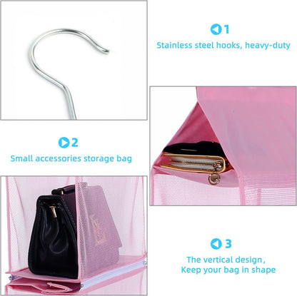 Closet Purse Organizer, Hanging Handbag Organizer with 4 Heavy-Duty Mesh Shelves Closet Purse Storage Bag (Pink)