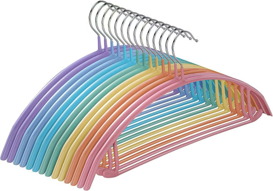 Set of rainbow-colored hangers with metal hook and smooth curved arms