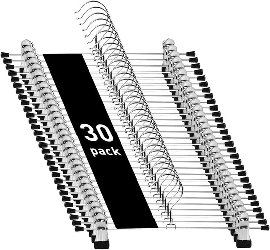 Set of 30 stainless steel clothes hangers with non-slip clip ends and rotating hooks