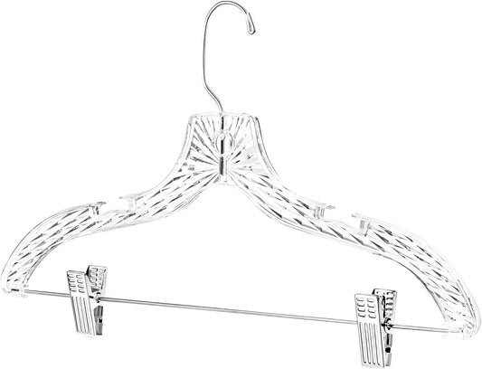 Clear crystal-cut plastic clothes hanger with two adjustable metal clips and swivel hook