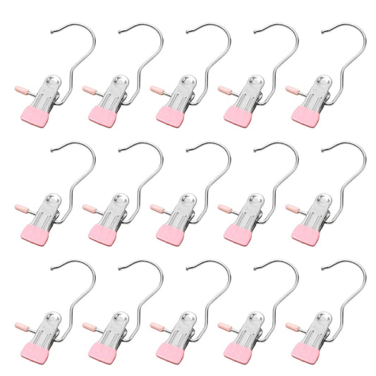Stainless steel laundry clips with pink grips on U-shaped hanger hooks (15 pack)
