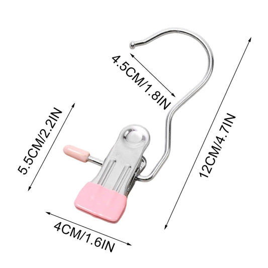 Stainless steel hanger clip with pink jaw pads, shown with size measurements