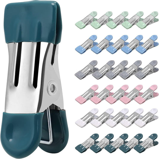 Metal chip clips with teal rubber grips and chrome spring jaws; assorted colors