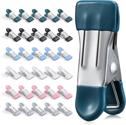 Set of stainless steel clothespins with teal, blue, pink and white rubber grips