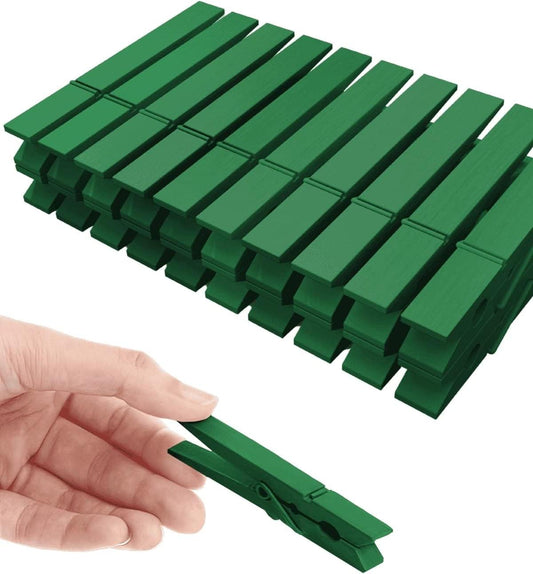 Green wooden clothespins in a row, showing hinged spring clip details