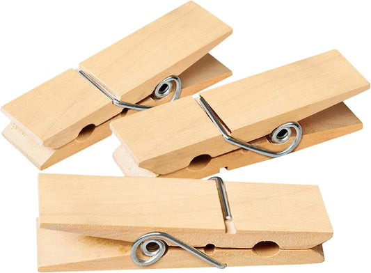 Natural wood clothespins with metal spring clips, 4 pegs shown