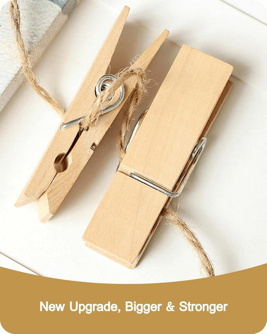 Natural wood clothespins with metal spring clips holding twine