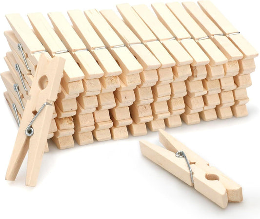 Pack of natural wooden clothespins with silver metal coil springs and clip jaws