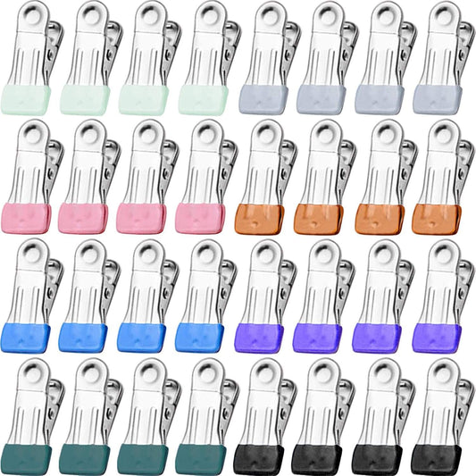 32-pack stainless steel clothespins with colored plastic grips for laundry drying