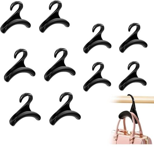 Set of 10 black S-shaped hangers for handbags and backpacks, shown separately
