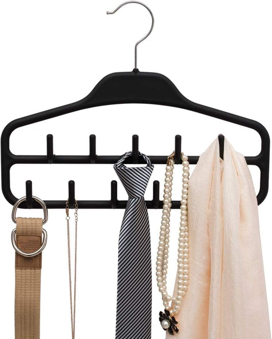 Black clothing organizer with top hook and multi-tier non-slip hooks for hanging