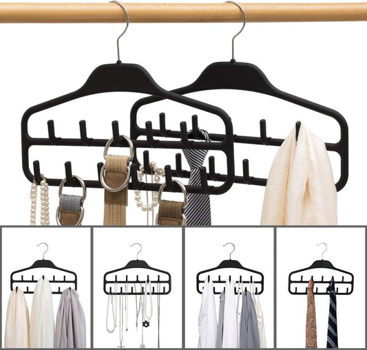 Black double-row clothing organizer with hanging hooks and top hanger support