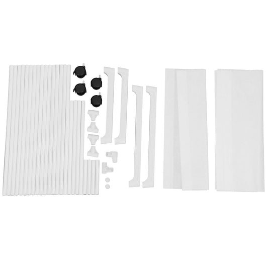 Clothing garment rack assembly pieces: slatted panels, hang bar parts, small knobs
