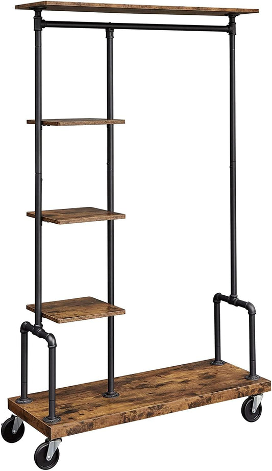 Industrial clothing garment rack with 5 tiers, hanging rail, and four caster wheels.