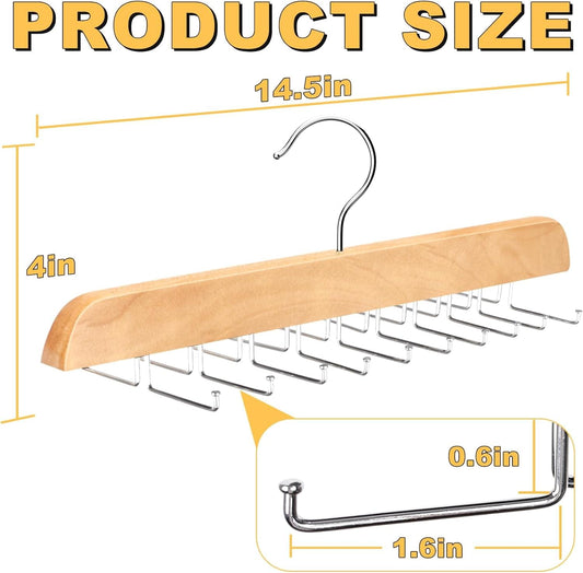 Wooden hanger organizer bar with row of metal hooks and curved top hook