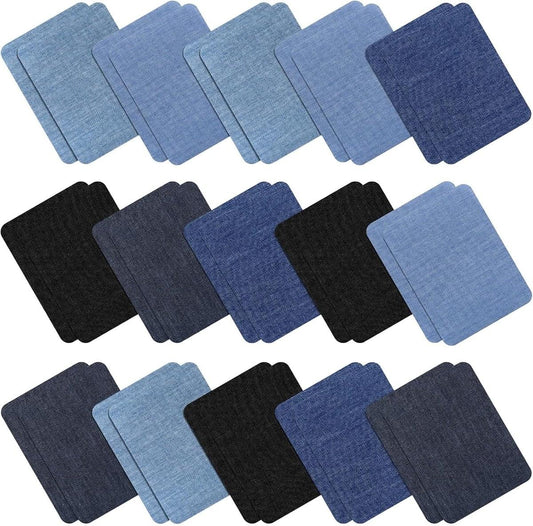 Denim repair patch set, self-adhesive rectangles in light and dark blue shades