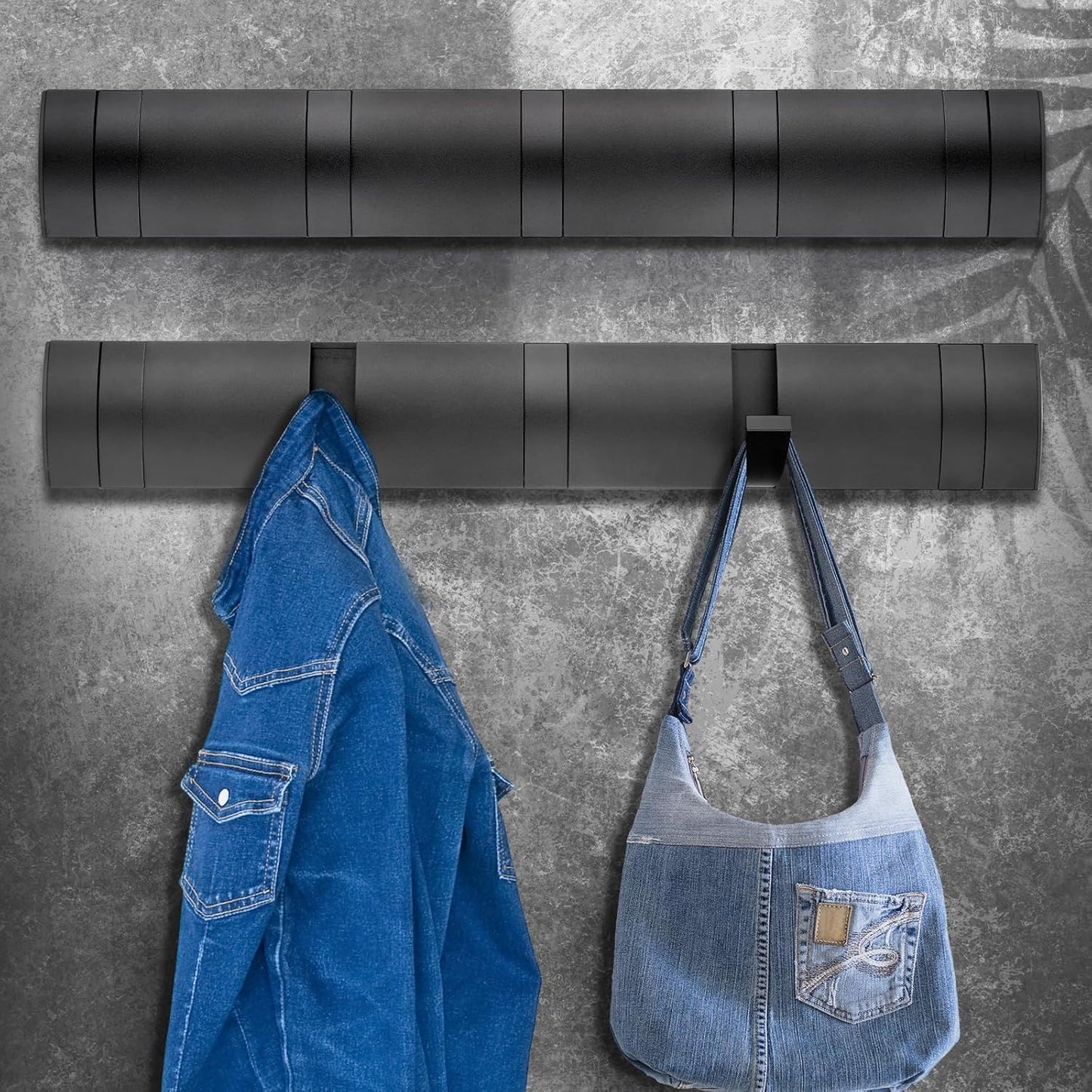 Coat Rack Wall Mount, Heavy Duty Aluminum Coat Hooks, Self-Adhesive Wall Hooks Stylish and Sleek, Coat Hanger with 5 Retractable Hooks for Hanging Coats, Hat, Towel, Backpack, Jacket (Black)