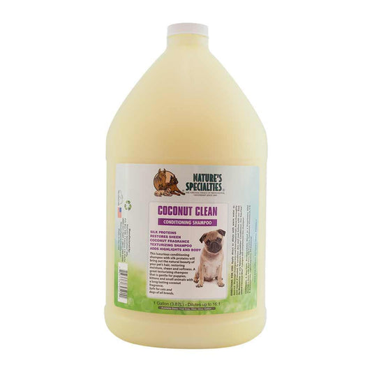 Coconut clean conditioning shampoo bottle with white cap, back label with green accents