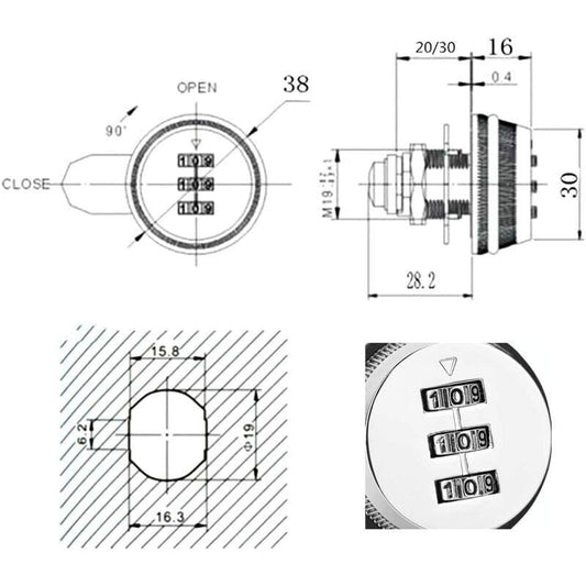 Coded drawer lock diagram showing front keypad, side view, and size dimensions